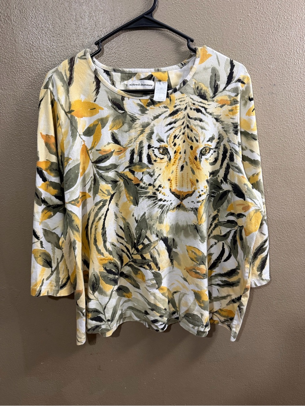 Alfred Dunner Yellow & Olive Tiger Leaf Print Long Sleeve Top 1X